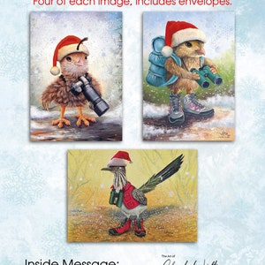 Birds Birding Christmas Cards, 12 cards box set, Greeting, Holiday, Santa, Cards,  birding, Southwest, cartoon comical birds.