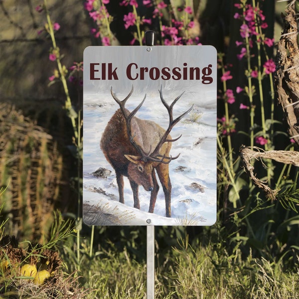 Elk Crossing, Aluminum Elk Sign, Yard Sign all weather Proof with Aluminum Stake