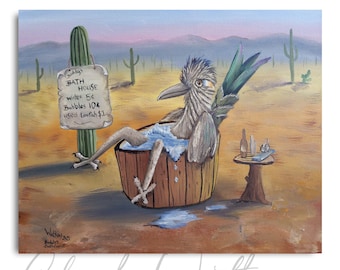 Aluminum Print , Roadrunner taking a Bath, Cartoon Art, Buddy''s Bath House.