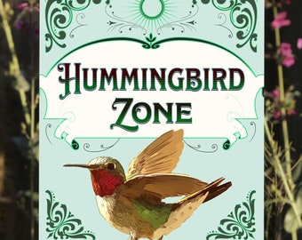 Puede incluir: Un letrero azul y verde con un colibrí en una rama. El letrero dice "Zona de colibríes".