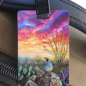 Quail Art Luggage Tag, Titled Resting Place, Arizona landscape luggage tag, gift for traveling.