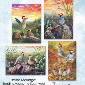 Southwest Christmas Cards, zestaw 12 kartek, ptaki, południowo-zachodni krajobraz, Roadrunner, przepiórka, pozdrowienia, święta, Święty Mikołaj, karty, kaktusy, Arizona