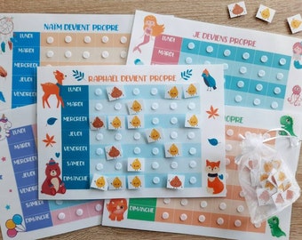 Tableau d'apprentissage - Tableau de motivation à la propreté enfant personnalisable au prénom de l'enfant