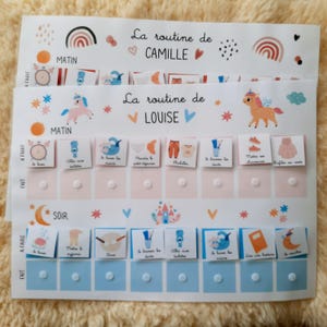 May include: A white printable chart with a colorful design featuring a unicorn and stars. The chart is divided into two sections, one for morning and one for evening. Each section has a list of activities with corresponding images. The chart is titled "La routine de LOUISE" and "La routine de CAMILLE".