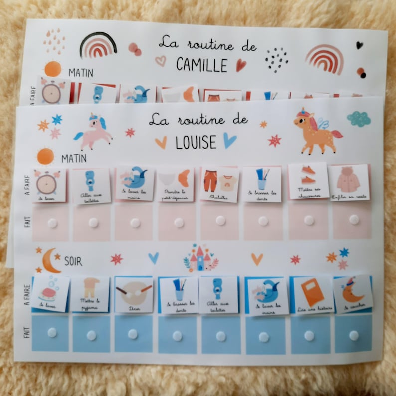 May include: A white printable chart with a colorful design featuring a unicorn and stars. The chart is divided into two sections, one for morning and one for evening. Each section has a list of activities with corresponding images. The chart is titled "La routine de LOUISE" and "La routine de CAMILLE".