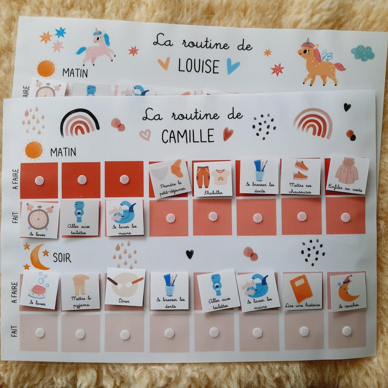 May include: A white printable chart with a rainbow and sun design. The chart is divided into two sections, "Morning" and "Evening". Each section has a list of activities with corresponding images. The chart is titled "La routine de Camille".