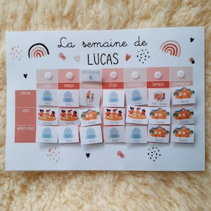 May include: A colorful weekly schedule chart for a child named Lucas. The chart includes days of the week, times of day, and activities like school, sports, and home.