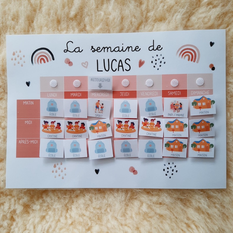 May include: A colorful weekly schedule chart for a child named Lucas. The chart includes days of the week, times of day, and activities like school, sports, and home.