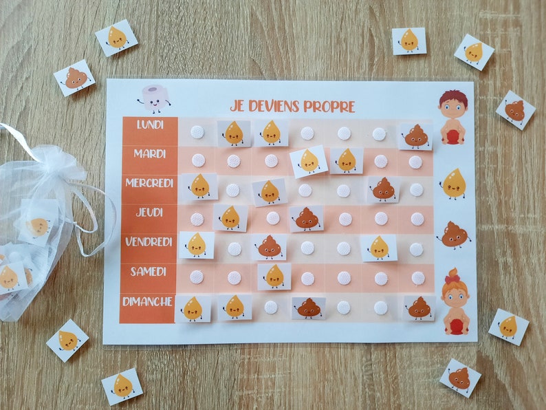 Tableau d'apprentissage / de motivation à la propreté enfant personnalisable au prénom de l'enfant Orange