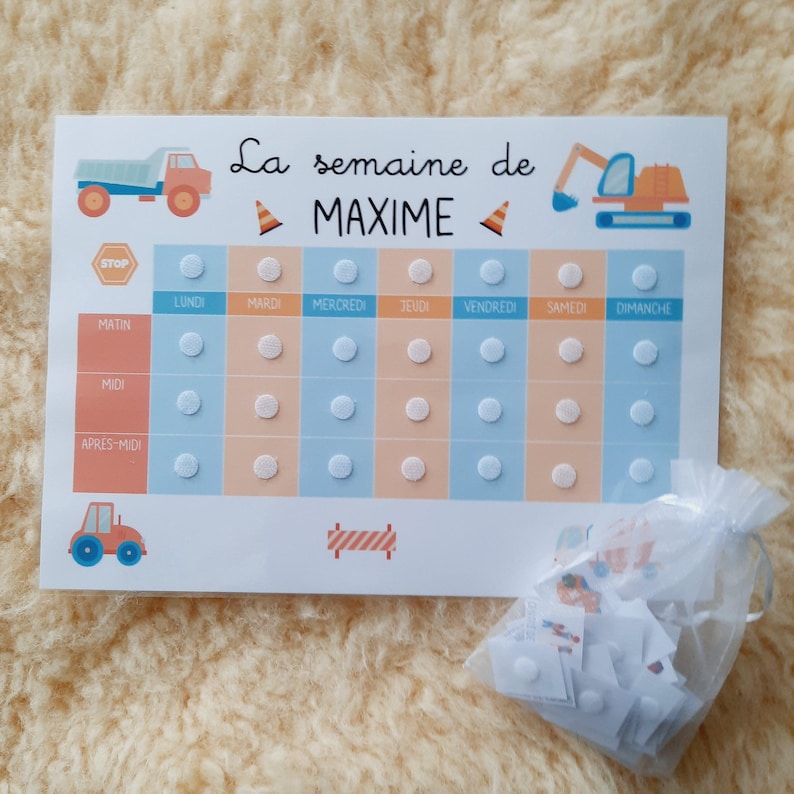 May include: A printable chart for a child's weekly schedule, featuring a construction theme. The chart has a blue and orange background with images of a dump truck, excavator, and traffic cones. The days of the week are listed across the top, and the times of day are listed down the side. There are blank circles for stickers or other markers to indicate completed tasks.