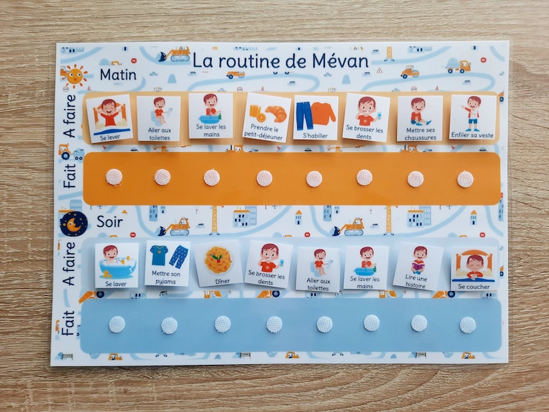 Children's morning and evening routine support personalized with the child's first name Chantier