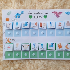 May include: A blue and white chart with the text "La routine de LUCAS" at the top. The chart is divided into two sections: "Matin" and "Soir". Each section has a list of activities with corresponding images and checkboxes.