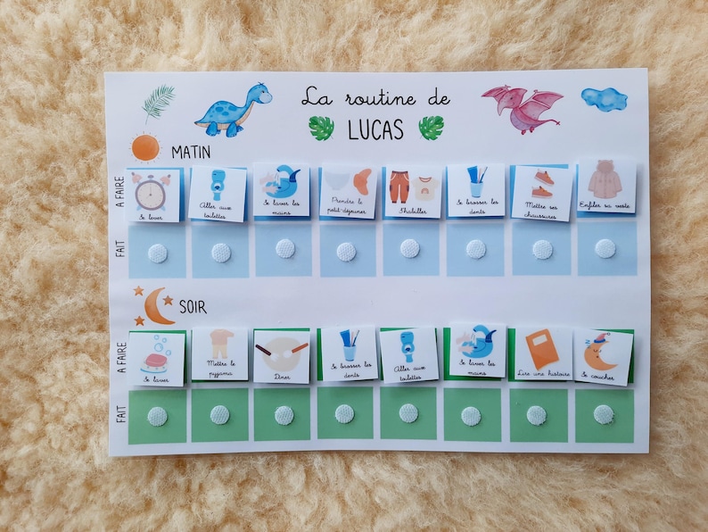 May include: A blue and white chart with the text "La routine de LUCAS" at the top. The chart is divided into two sections: "Matin" and "Soir". Each section has a list of activities with corresponding images and checkboxes.