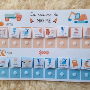 May include: A colorful chart with a construction theme for a child's daily routine. The chart has two sections, morning and evening, with pictures and text for each activity. The text includes "La routine de MAXIME".