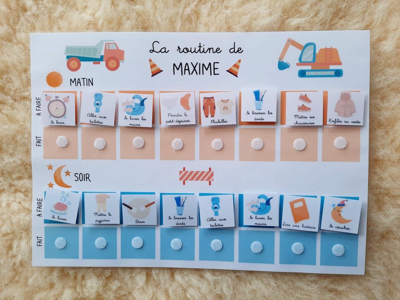 May include: A colorful chart with a construction theme for a child's daily routine. The chart has two sections, morning and evening, with pictures and text for each activity. The text includes "La routine de MAXIME".