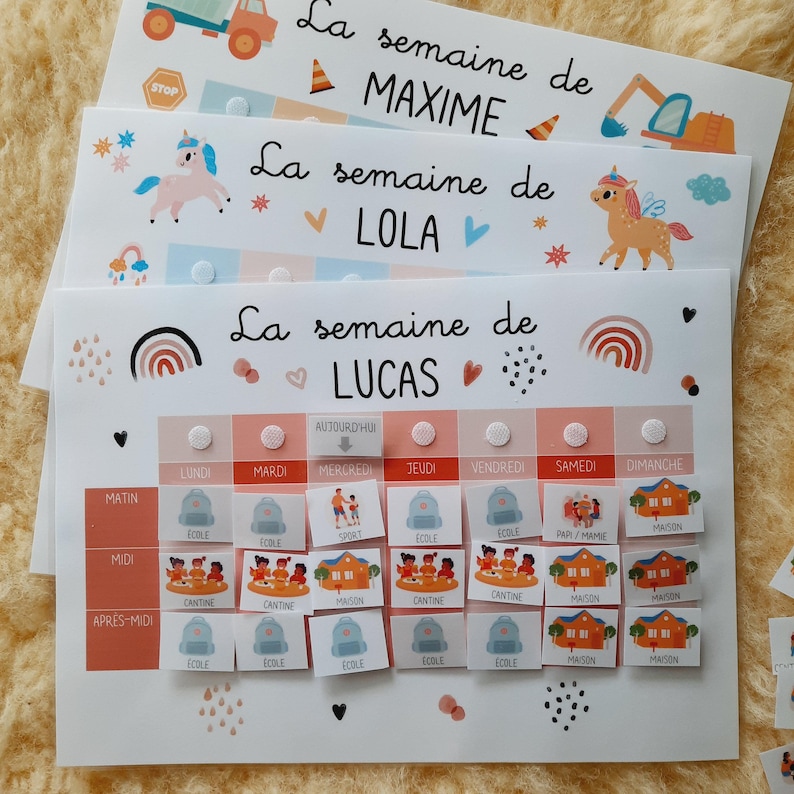 May include: A colorful weekly schedule chart for a child with the name Lucas. The chart has days of the week, times of day, and icons for activities like school, home, and playtime.