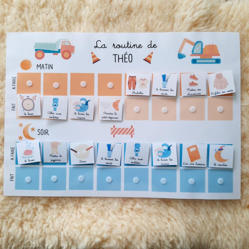 May include: A colorful chart with a blue and orange color scheme. The chart is titled "La routine de THEO" and has a picture of a truck and an excavator. The chart is divided into two sections, "Matin" and "Soir". Each section has a list of activities with pictures and checkboxes. The activities include "Se lever", "Aller aux toilettes", "Se laver les mains", "Prendre le petit d&eacute;jeuner", "S'habiller", "Se brosser les dents", "Mettre ses chaussures", "S'habiller", "Se coucher", "Lire une histoire", "Se laver les mains", "Aller aux toilettes", "Se brosser les dents", "Manger le pyjama", "Diner", "Se coucher".