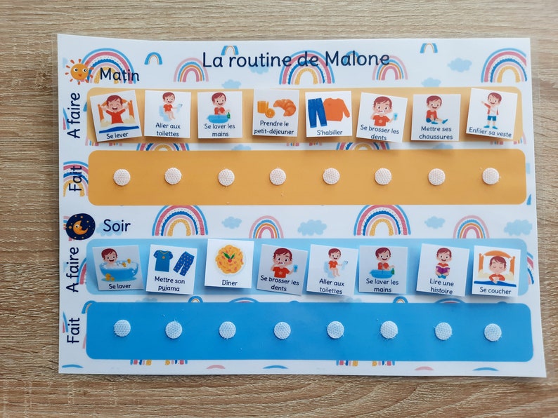 Children's morning and evening routine support personalized with the child's first name Arc-en-ciel multico.