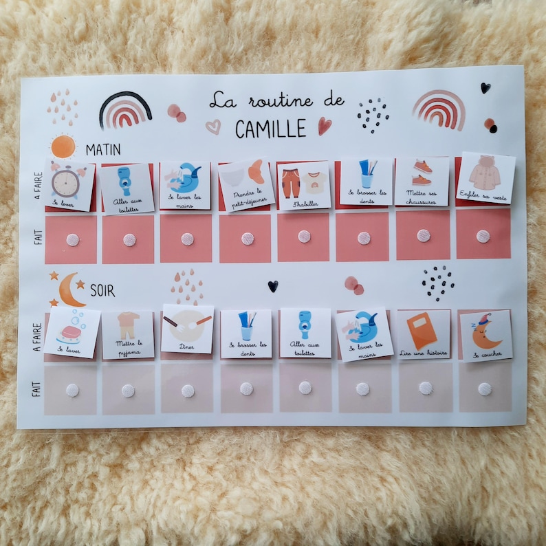 May include: A pink and white chart with the words "La routine de Camille" at the top. The chart is divided into two sections, "Matin" and "Soir". Each section has a list of activities with corresponding illustrations. The activities include "Se lever", "Aller aux toilettes", "Se laver les mains", "Prendre le petit-dejeuner", "S'habiller", "Se brosser les dents", "Mettre ses chaussures", "Enfiler sa veste", "Mettre la pyjama", "Diner", "Se laver les mains", "Lire une histoire", "Se coucher".