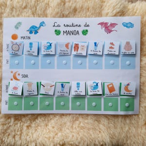 May include: A green and blue chart with the words "La routine de MANOA" at the top. The chart is divided into two sections: "Matin" and "Soir". Each section has a list of activities with corresponding pictures. The activities include "Se laver les mains", "Se brosser les dents", "S'habiller", "Mettre ses chaussures", "Enfiler sa veste", "Se laver les mains", "Mettre le pyjama", "Diner", "Lire une histoire", "Se coucher".