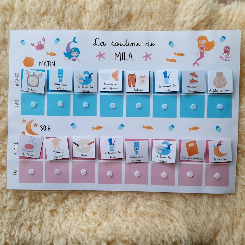 May include: A blue and pink chart with the words "La routine de Mila" at the top. The chart is divided into two sections: "Matin" and "Soir". Each section has a list of activities with corresponding images. The activities include "Se lever", "Aller aux toilettes", "Se laver les mains", "Prendre le petit d&eacute;jeuner", "S'habiller", "Se brosser les dents", "Mettre ses chaussures", "Enfiler sa veste", "Mettre le pyjama", "Diner", "Aller aux toilettes", "Se laver les mains", "Lire une histoire", "Se coucher".