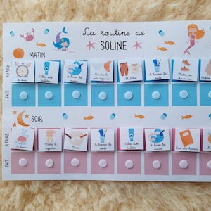 May include: A blue and pink visual chart with the words "La routine de Soline" at the top. The chart is divided into two sections, "Matin" and "Soir", with a list of activities to be completed in each section. Each activity is represented by a picture and a short description in French.