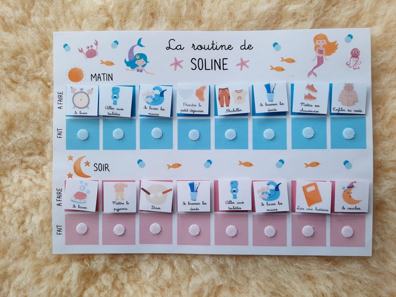 May include: A blue and pink visual chart with the words "La routine de Soline" at the top. The chart is divided into two sections, "Matin" and "Soir", with a list of activities to be completed in each section. Each activity is represented by a picture and a short description in French.