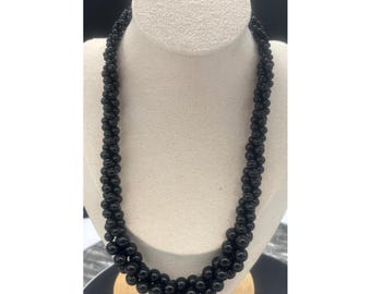 Napier Vintage Black Beaded Twisted Multi Strand Necklace Gold Tone Clasp 18in