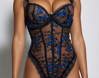Floral Lace Teddy Sheer Mesh Side Tie Lingerie Bodysuit