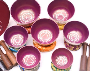 Campane tibetane in bronzo fatte a mano di colore rosa - Set di ciotole per meditazione, terapia del suono, cuscino, custodia per il trasporto e piatti Tingsha