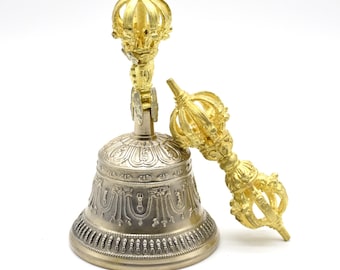 Set di campane tibetane in ottone e Dorje fatte a mano - Campana tradizionale in ottone con Dorje - Regalo di guarigione spirituale e meditazione con suono - Bells Dorje