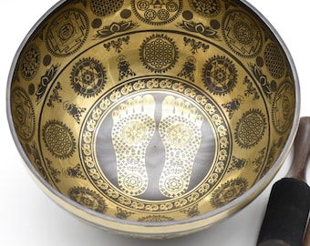 Ciotole tibetane da 12 pollici con geometria sacra, piedi intagliati - Ciotole per meditazione e yoga con suono curativo - Ciotole tibetane da 30 cm dal Nepal con mazzuolo