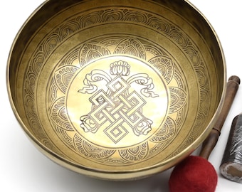 Ciotola tibetana scolpita con nodo infinito da 10 pollici dal Nepal - Meditazione sacra per la guarigione sonora, yoga, bagno sonoro, ciotole curative con mazzuolo
