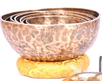 Set di 7 ciotole tibetane per la meditazione e la guarigione sonora, realizzate a mano, da 4 a 8 pollici, con cuscino percussore a martello - Yoga