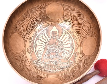 Ciotola tibetana da 12 pollici intagliata a forma di Buddha - Ciotola grande da 30 cm per meditazione, terapia del suono e canto di mantra con percussione a cuscino - Yoga