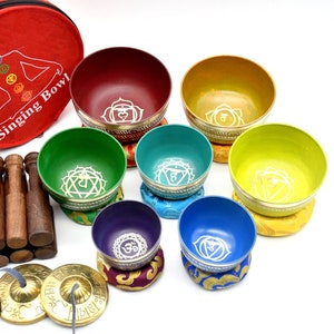 Tibetan Singing Bowl set of 7  - Complete Seven Chakra Healing meditation yoga sound baths set with Tingsha cymbals and case