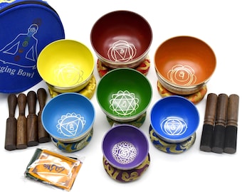 Set di 7 ciotole tibetane - Set completo di bagni sonori per meditazione e yoga con guarigione dei sette chakra, cimbali Tingsha e custodia