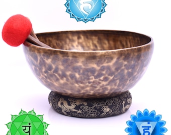 Campane tibetane da 12 pollici - Accordate con le note del chakra del terzo occhio La, del cuore Fa e della gola Sol - Campana fatta a mano da 30 cm con percussione a cuscino a mazza - Yoga