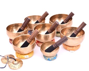 Set di 7 ciotole tibetane - Meditazione curativa dei sette chakra, bagno sonoro yoga, bilanciamento dei chakra, consapevolezza - Ciotole tibetane con Tingsha
