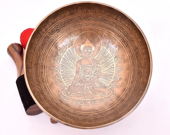 Campane tibetane con mantra intagliati e Buddha - Meditazioni e guarigione sonora - Set di campane tibetane con cuscino percussore e mazzuolo - Yoga Reiki Asmr