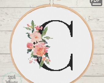 Letter C Floral Monogram Cross Stitch Pattern (PDF Digital Download)