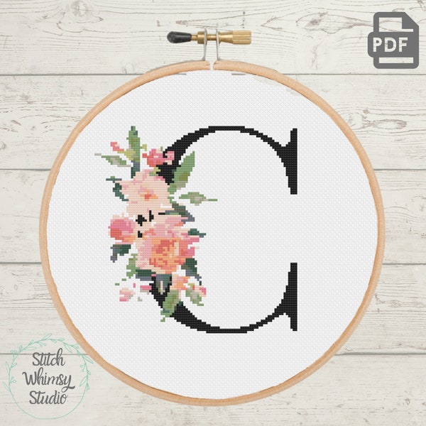 Letter C Monogram Initial Coral Peach Pink Botanical Floral Initial Counted Cross Stitch Pattern PDF Instant Digital Download a1001