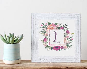 Letter L Monogram Initial Purple Pink Botanical Floral Letter Counted Cross Stitch Pattern PDF Instant Digital Download a1006