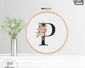 Letter P Monogram Initial Coral Peach Pink Botanical Floral Initial Counted Cross Stitch Pattern PDF Instant Digital Download a1001