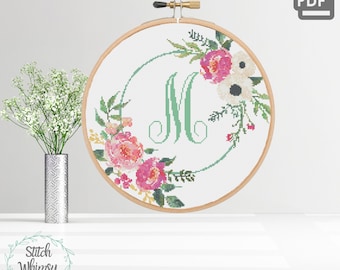 Floral Letter M Cross Stitch Pattern: Greenery Wreath, Pink Peony (PDF Digital Download)