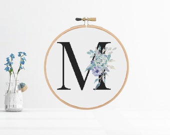 Floral Letter M Cross Stitch Pattern: Teal Purple Monogram (PDF Digital Download)