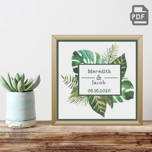 Tropical Leaves Monstera Wedding Date Cross Stitch Customizable Pattern PDF Instant Digital Download