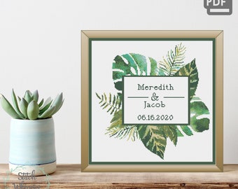 Tropical Leaves Monstera Wedding Date Cross Stitch Customizable Pattern PDF Instant Digital Download