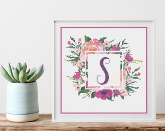 Letter S Monogram Initial Purple Pink Botanical Floral Letter Counted Cross Stitch Pattern PDF Instant Digital Download a1006