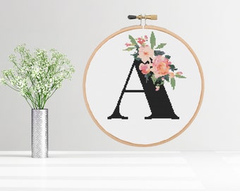 Floral Letter A Cross Stitch Pattern: Peach Coral Monogram (PDF Digital Download)